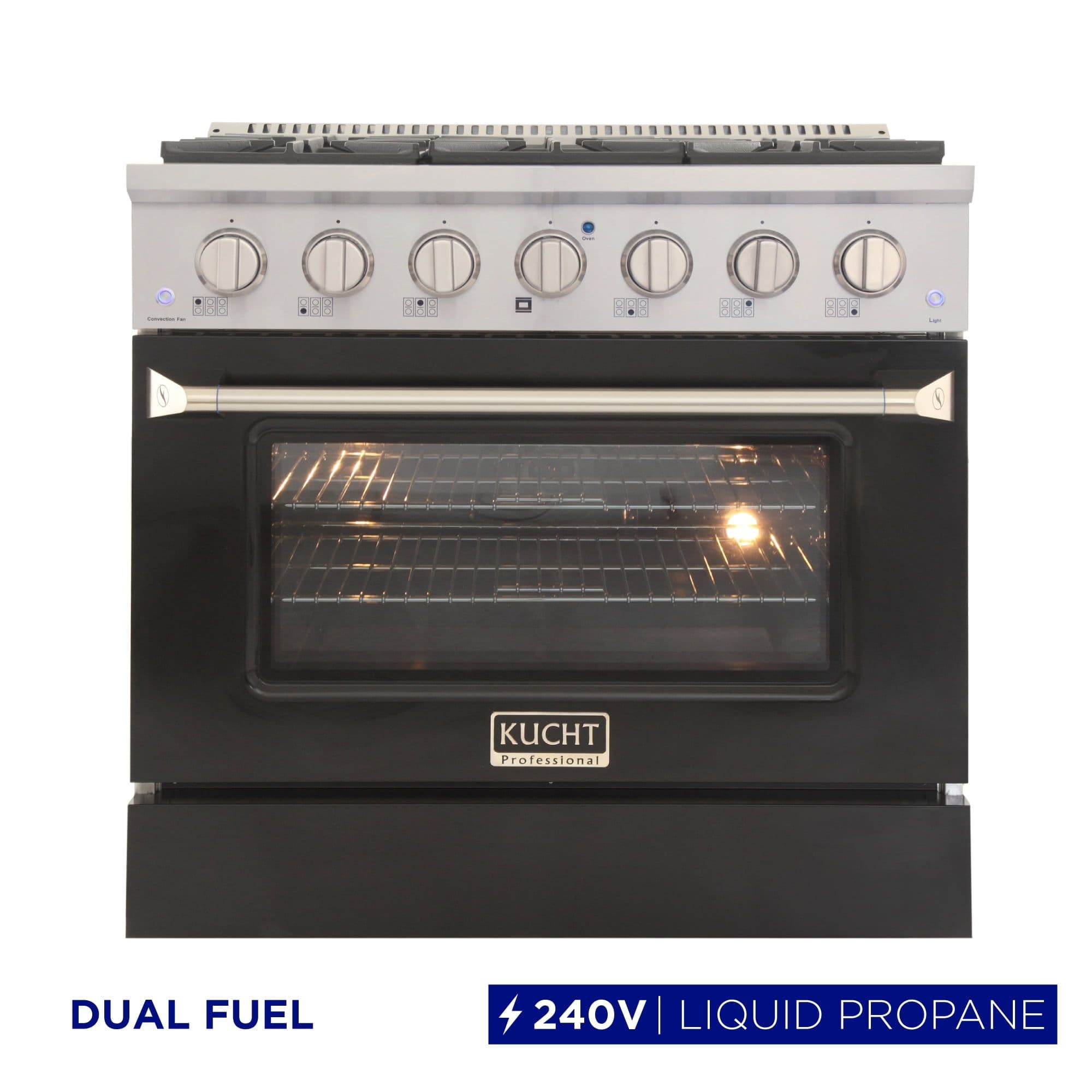 36 in. 5.2 cu. ft Dual Fuel Range for Propane Gas Sealed Burners in Black.