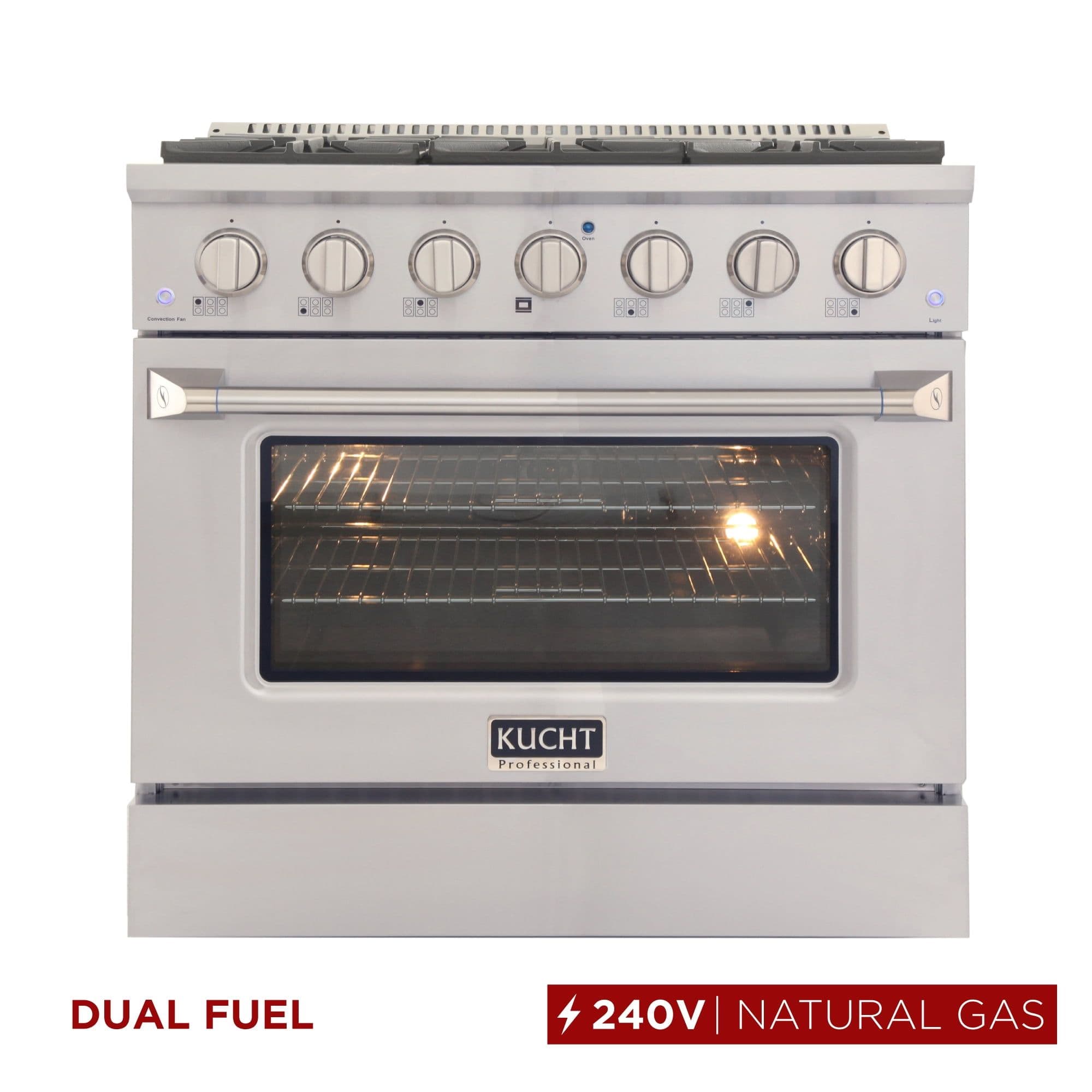 36 in. 5.2 cu. ft Dual Fuel Range for Natural Gas Sealed Burners in Silver.