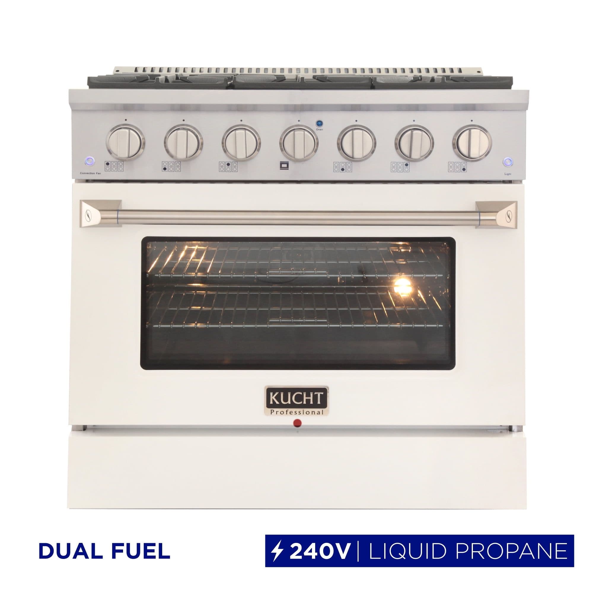36 in. 5.2 cu. ft Dual Fuel Range for Propane Gas Sealed Burners in White.