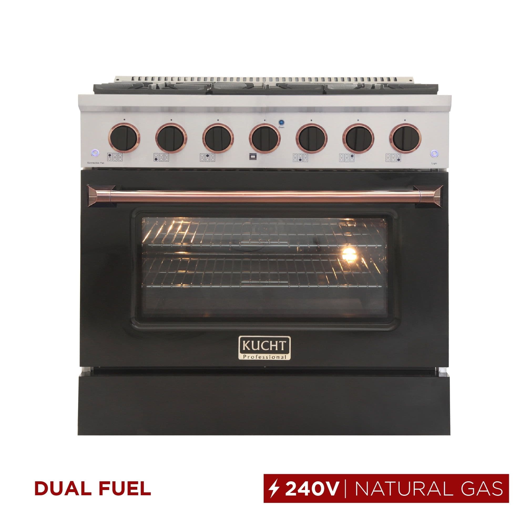 36 in. 5.2 cu. Dual Fuel Range for Natural Gas in Rose Gold Handle & Knob Rings.