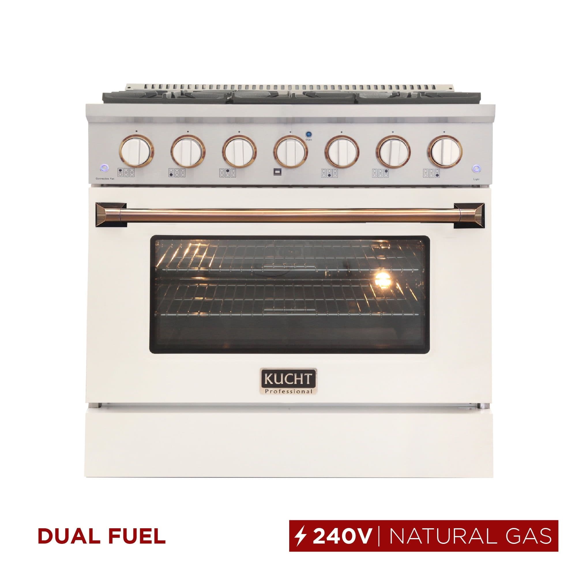 36 in. 5.2 cu. ft. Dual Fuel Range for Natural Gas in White and Gold Accents
